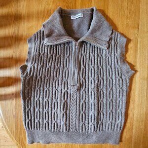 Theo and Spence Small Taupe Sweater Vest with Cables & Zipper/Collar Neck